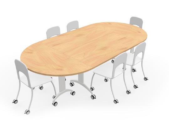 SpecialT - LINK Tables grouped together to form oval shape. This group contains two rectangular and two half-round tables linked together.